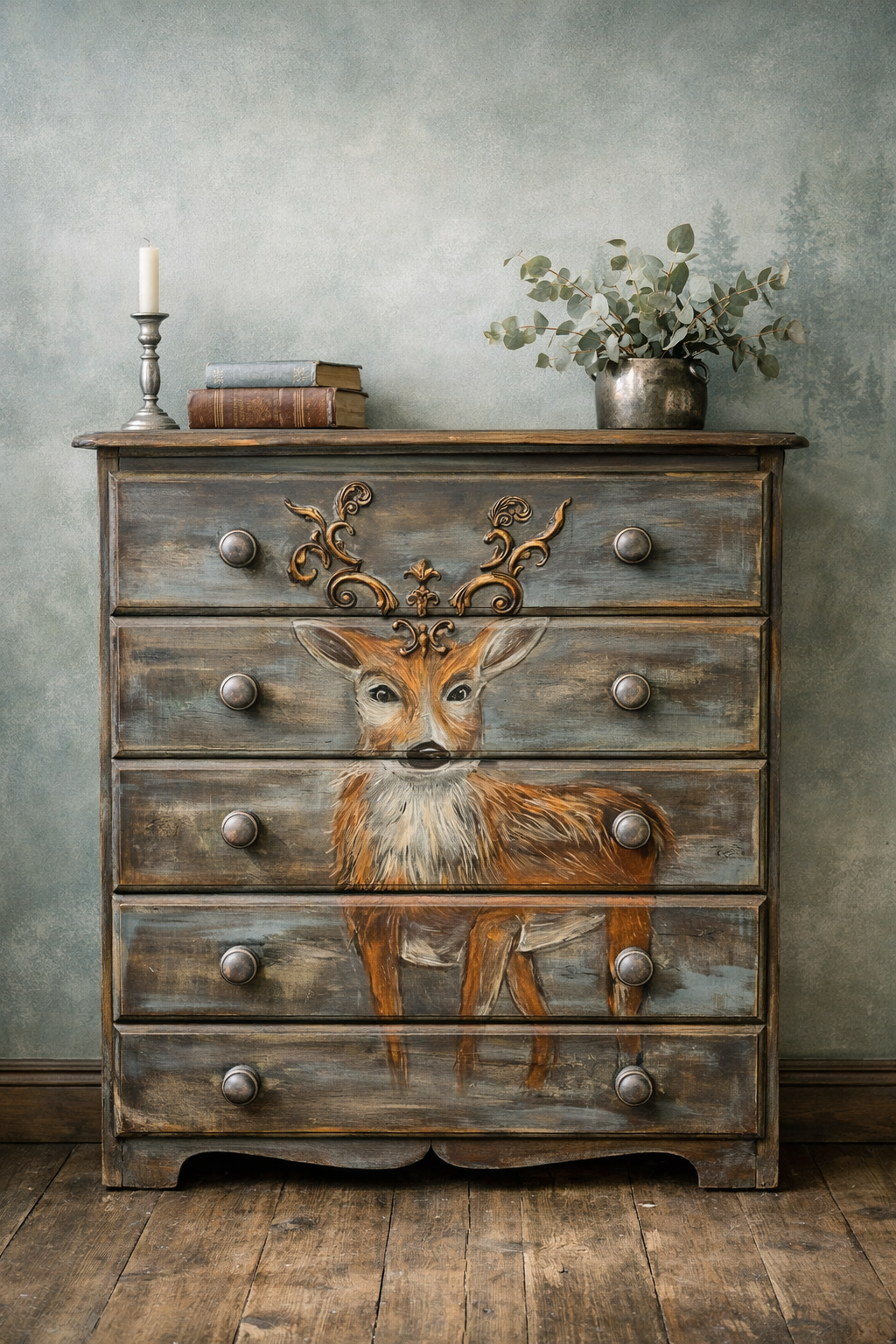 SOLD Woodland Stag — A Hand‑Painted, Earth‑Toned Drawers with 3D Antlers