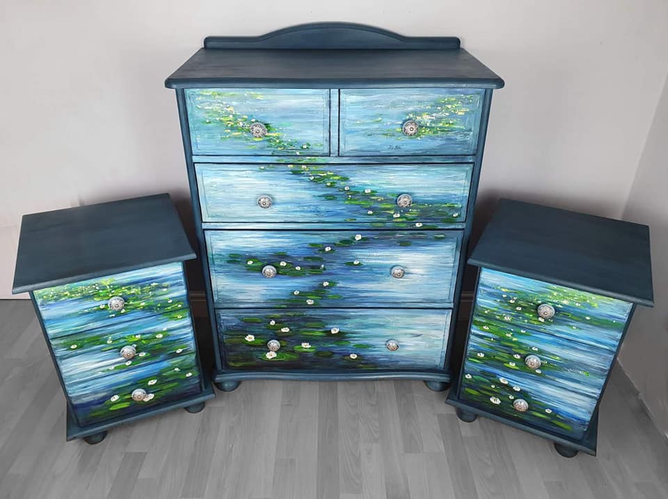 COMMISSION “Waterlilies” – Monet‑Inspired Hand‑Painted Furniture Set