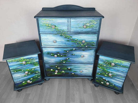 SOLD “Waterlilies” – Monet‑Inspired Hand‑Painted Furniture Set