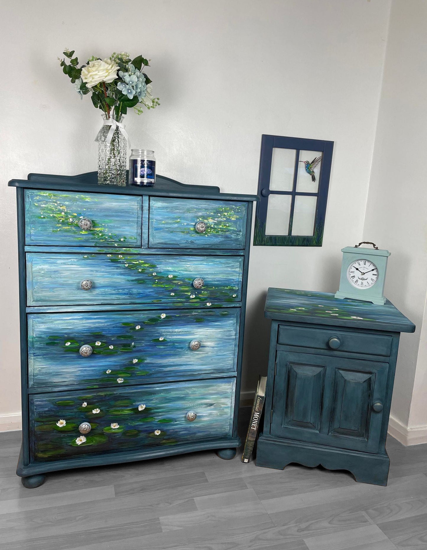 COMMISSION “Waterlilies” – Monet‑Inspired Hand‑Painted Furniture Set