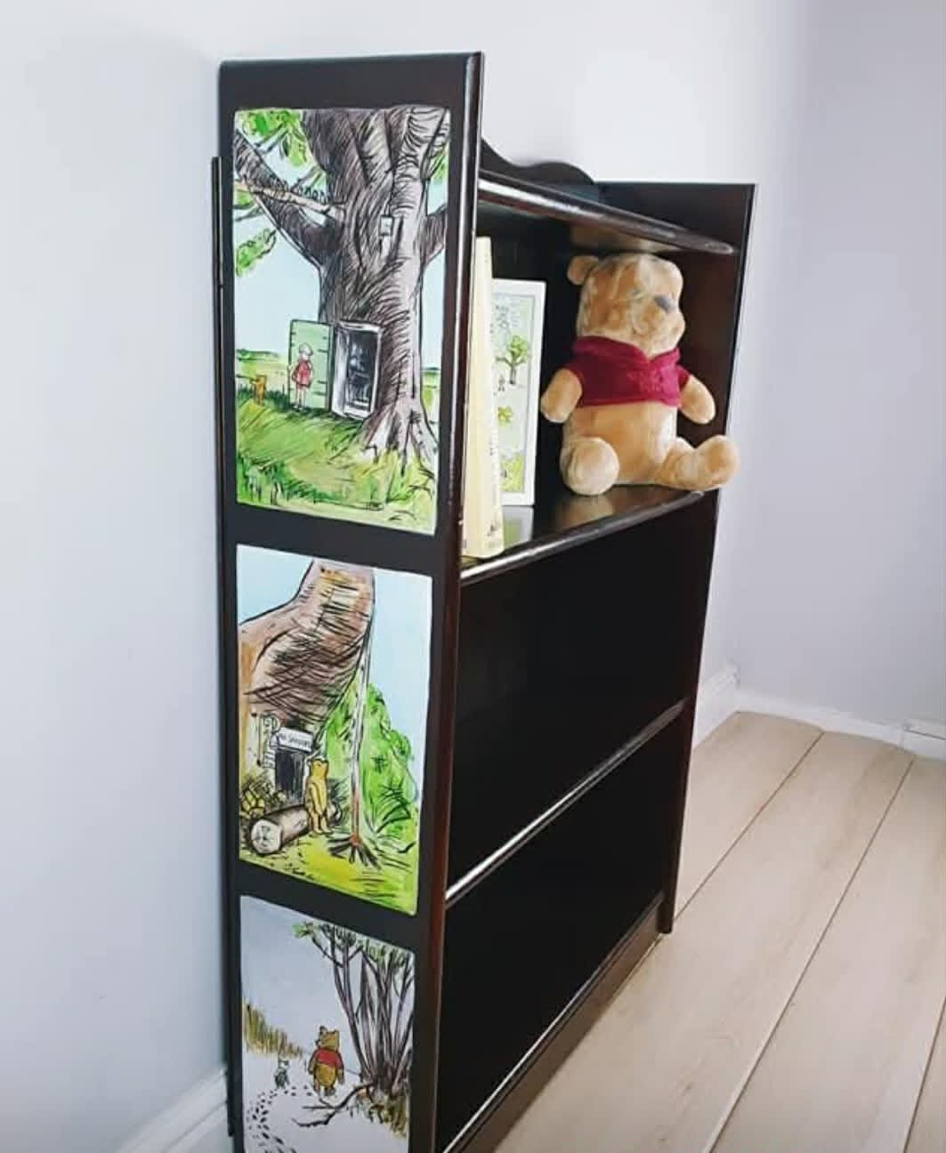 COMMISSION - Winnie‑the‑Pooh Storybook Bookcase — A Hand‑Painted Tribute to E.H. Shepard’s Classic Illustrations